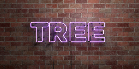 TREE - fluorescent Neon tube Sign on brickwork - Front view - 3D rendered royalty free stock picture. Can be used for online banner ads and direct mailers..
