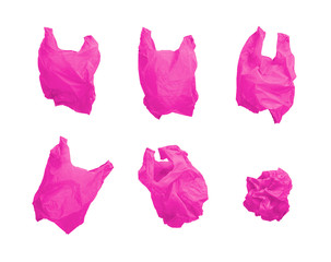 Collection of Pink color plastic bag in different composition, isolated on white background.
