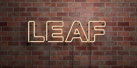 Fototapeta na wymiar LEAF - fluorescent Neon tube Sign on brickwork - Front view - 3D rendered royalty free stock picture. Can be used for online banner ads and direct mailers..