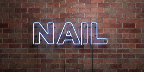 NAIL - fluorescent Neon tube Sign on brickwork - Front view - 3D rendered royalty free stock picture. Can be used for online banner ads and direct mailers..