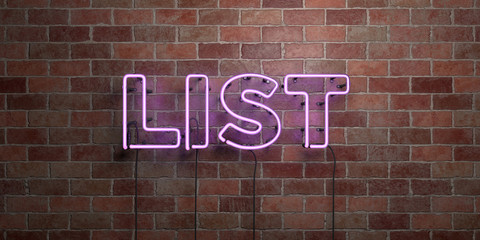 LIST - fluorescent Neon tube Sign on brickwork - Front view - 3D rendered royalty free stock picture. Can be used for online banner ads and direct mailers..
