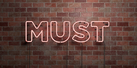 MUST - fluorescent Neon tube Sign on brickwork - Front view - 3D rendered royalty free stock picture. Can be used for online banner ads and direct mailers..