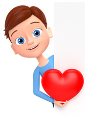 Happy guy with a big red heart. 3d render illustrations