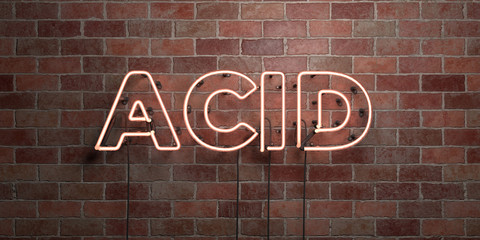 Fototapeta premium ACID - fluorescent Neon tube Sign on brickwork - Front view - 3D rendered royalty free stock picture. Can be used for online banner ads and direct mailers..