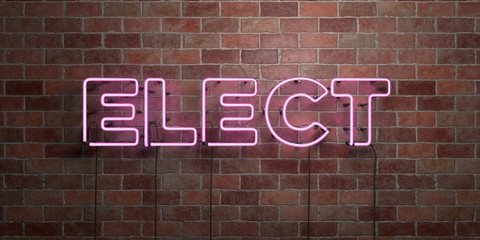 ELECT - fluorescent Neon tube Sign on brickwork - Front view - 3D rendered royalty free stock picture. Can be used for online banner ads and direct mailers..