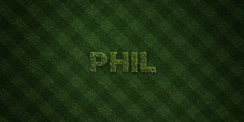 PHIL - fresh Grass letters with flowers and dandelions - 3D rendered royalty free stock image. Can be used for online banner ads and direct mailers..
