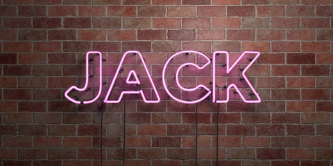 JACK - fluorescent Neon tube Sign on brickwork - Front view - 3D rendered royalty free stock picture. Can be used for online banner ads and direct mailers..
