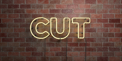 CUT - fluorescent Neon tube Sign on brickwork - Front view - 3D rendered royalty free stock picture. Can be used for online banner ads and direct mailers..