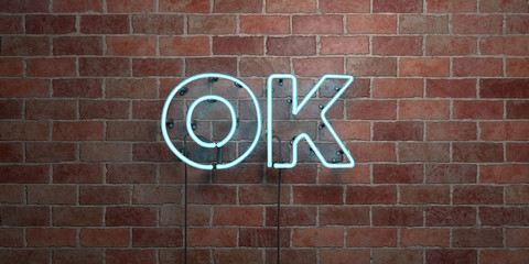 OK - fluorescent Neon tube Sign on brickwork - Front view - 3D rendered royalty free stock picture. Can be used for online banner ads and direct mailers..