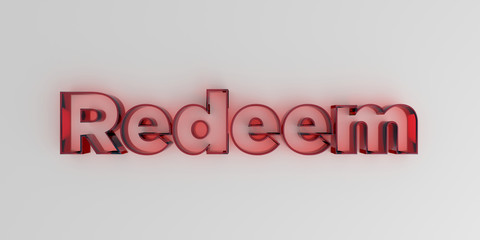 Redeem - Red glass text on white background - 3D rendered royalty free stock image.
