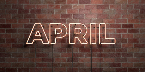 APRIL - fluorescent Neon tube Sign on brickwork - Front view - 3D rendered royalty free stock picture. Can be used for online banner ads and direct mailers..