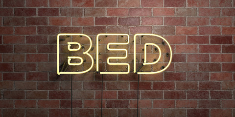Fototapeta na wymiar BED - fluorescent Neon tube Sign on brickwork - Front view - 3D rendered royalty free stock picture. Can be used for online banner ads and direct mailers..