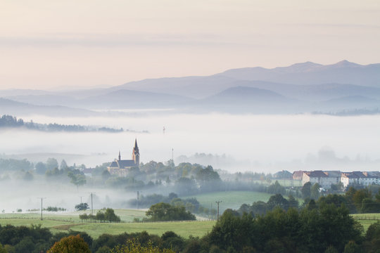 Fog rising from the meadows near Lutowiska, Bieszczady National Park, Poland, September 2011
