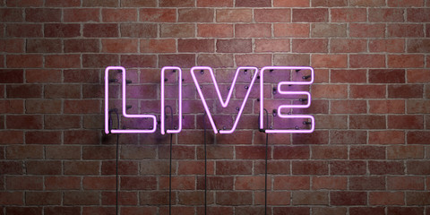 LIVE - fluorescent Neon tube Sign on brickwork - Front view - 3D rendered royalty free stock picture. Can be used for online banner ads and direct mailers..