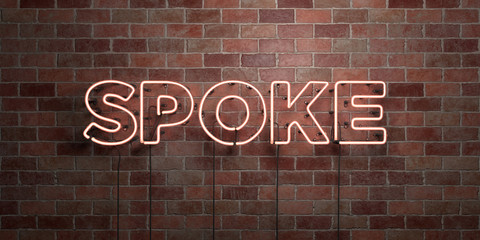 SPOKE - fluorescent Neon tube Sign on brickwork - Front view - 3D rendered royalty free stock picture. Can be used for online banner ads and direct mailers..