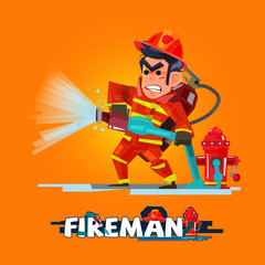Fireman in action. Firefighter pours from a fire hose. character design with typographic - vector