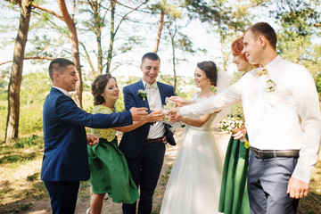Wedding couple with bridesmaids and best drinking champagne at sunny wood.
