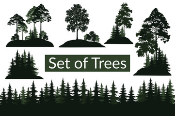 Set Isolated on White Background Landscapes, Green Coniferous and Deciduous Trees and Bushes Silhouettes, Fir, Pine, Maple, Acacia, Lilac. Vector
