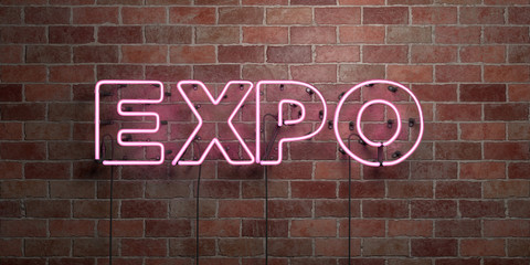 EXPO - fluorescent Neon tube Sign on brickwork - Front view - 3D rendered royalty free stock picture. Can be used for online banner ads and direct mailers..