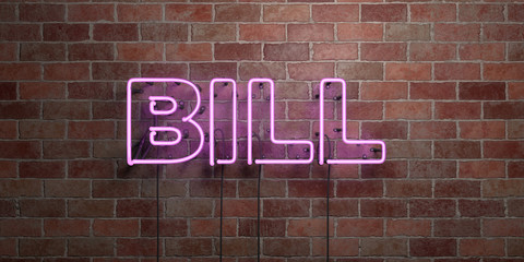 BILL - fluorescent Neon tube Sign on brickwork - Front view - 3D rendered royalty free stock picture. Can be used for online banner ads and direct mailers..