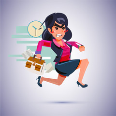 Business women running with a briefcase for her appointment. hurry or late time. character design - vector