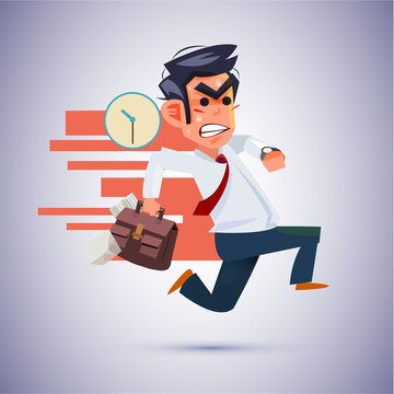 Businessman running with a briefcase for his appointment. hurry or late time. character design - vector