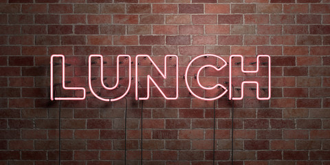 LUNCH - fluorescent Neon tube Sign on brickwork - Front view - 3D rendered royalty free stock picture. Can be used for online banner ads and direct mailers..
