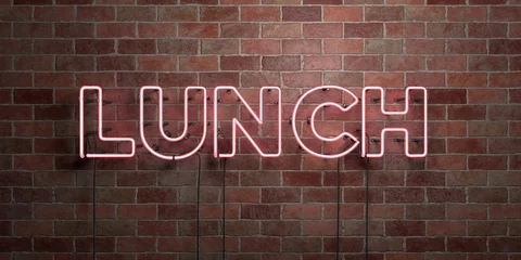 Foto op Canvas LUNCH - fluorescent Neon tube Sign on brickwork - Front view - 3D rendered royalty free stock picture. Can be used for online banner ads and direct mailers.. © Chris Titze Imaging