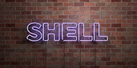 SHELL - fluorescent Neon tube Sign on brickwork - Front view - 3D rendered royalty free stock picture. Can be used for online banner ads and direct mailers..