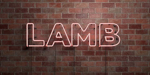 LAMB - fluorescent Neon tube Sign on brickwork - Front view - 3D rendered royalty free stock picture. Can be used for online banner ads and direct mailers..