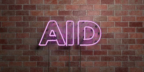 AID - fluorescent Neon tube Sign on brickwork - Front view - 3D rendered royalty free stock picture. Can be used for online banner ads and direct mailers..