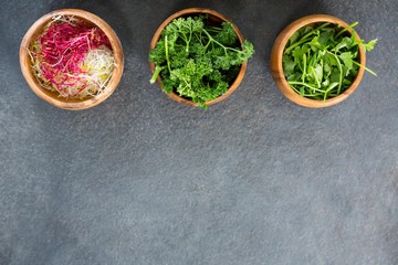 Fototapeta na wymiar Bowls of shredded cabbage and herbs