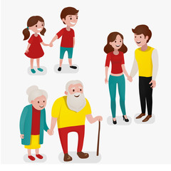 Couple in three ages. Vector illustration in cartoon style.