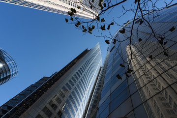 Three Corporate office buildings city sky copyspace.
