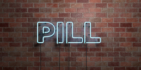 PILL - fluorescent Neon tube Sign on brickwork - Front view - 3D rendered royalty free stock picture. Can be used for online banner ads and direct mailers..
