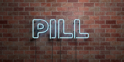 Obraz premium PILL - fluorescent Neon tube Sign on brickwork - Front view - 3D rendered royalty free stock picture. Can be used for online banner ads and direct mailers..