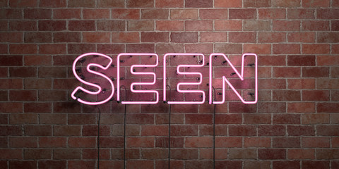 SEEN - fluorescent Neon tube Sign on brickwork - Front view - 3D rendered royalty free stock picture. Can be used for online banner ads and direct mailers..