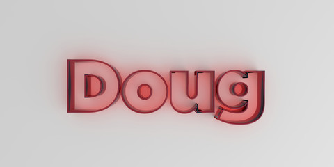 Doug - Red glass text on white background - 3D rendered royalty free stock image.