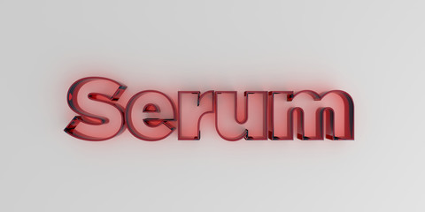 Serum - Red glass text on white background - 3D rendered royalty free stock image.