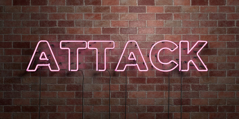 ATTACK - fluorescent Neon tube Sign on brickwork - Front view - 3D rendered royalty free stock picture. Can be used for online banner ads and direct mailers..