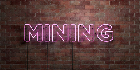 MINING - fluorescent Neon tube Sign on brickwork - Front view - 3D rendered royalty free stock picture. Can be used for online banner ads and direct mailers..
