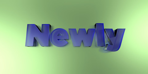 Newly - colorful glass text on vibrant background - 3D rendered royalty free stock image.