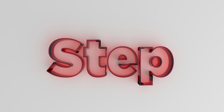 Step - Red glass text on white background - 3D rendered royalty free stock image.