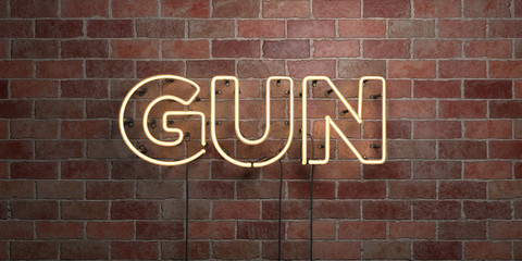 GUN - fluorescent Neon tube Sign on brickwork - Front view - 3D rendered royalty free stock picture. Can be used for online banner ads and direct mailers..