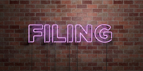 FILING - fluorescent Neon tube Sign on brickwork - Front view - 3D rendered royalty free stock picture. Can be used for online banner ads and direct mailers..