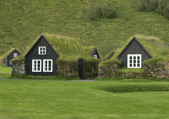 Traditional iclandic houses with grassy roofs.