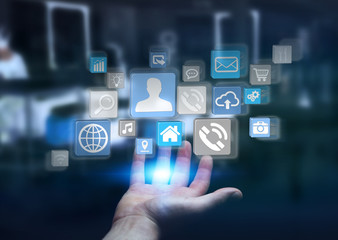 Icons connected to each other over businessman hand