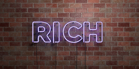 RICH - fluorescent Neon tube Sign on brickwork - Front view - 3D rendered royalty free stock picture. Can be used for online banner ads and direct mailers..