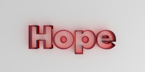 Hope - Red glass text on white background - 3D rendered royalty free stock image.