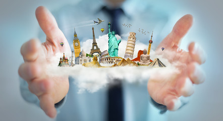 Businessman holding a cloud full of famous monuments in his hands 3D rendering